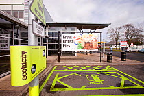 Electric car recharging station at the Charnock Richard M6 motorway service station, Lancashire, England, UK. April 2012.