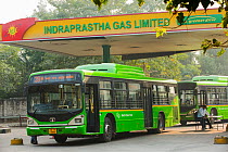 Bus in Delhi, India, December 2012. All of Delhi's buses run on Compressed Natural Gas (CNG), it is the worlds largest eco friendly bus fleet, and has helped to improve Delhi's air quality.