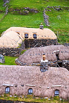 The Black House village at Garenin near Carloway, Isle of Lewis, Outer Hebrides, Scotland, UK. June 2015.  These ancient traditional houses have been preserved, after they were abandoned finally in th...