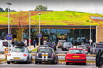 The New Gloucester Service Station on the M5 motorway, UK, is a green roofed building with eco credentials that serves and sells locally sourced food.