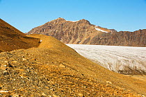 Glacier at Recherchefjorden on Western Svalbard with moraine showing the massive rate of retreat in the last 100 years. Svalbard, Norway, July 2013.