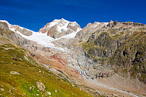 Rapidly retreating glaciers of Glacier De La Lex Blanche and  Glacier du Petit Mont Blanc, Aiguille De Tre La Tete,  Italian Alps, Italy, August 2014.
