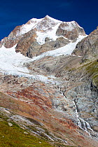 The rapidly retreating glaciers of Glacier De La Lex Blanche and  Glacier du Petit Mont Blanc, Aiguille De Tre La Tete, Alps, Italy, Augsut 2014.