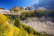 Balcony cafe over looking The Mer De Glace which has thinned 150 meters since 1820, and retreated by 2300 Metres, with a balcony cafe overlooking the rapidly shrinking glacier. Chamonix, France, Septe...