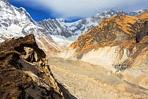 U shaped valley caused by rapidly retreating South Annapurna glacier in the Annapurna sanctuary, Nepalese Himalayas, Nepal. December 2012.