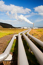 Hellisheidi geothermal power station in Hengill, Iceland. It also supplies hot water via a pipeline to Reykjavik for space heating for households and industry September 2010.