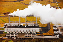 Hellisheidi geothermal power station in Hengill, Iceland. It also supplies hot water via a pipeline to Reykjavik for space heating for households and industry September 2010.