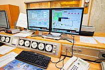 Control room hall of Krafla geothermal power station, which produces electricity as well as supplying hot water to heat buildings in the surrounding area. September 2010.