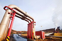 Krafla geothermal power station near Myvatn, Iceland, which produces electricity as well as supplying hot water to heat buildings in the surrounding area. September 2010.