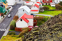 House which narrowly survived lava flow from eruption and formation of the volcano Eldfell on 23 January 1973. Heimaey town, Westmand Islands, Iceland. September 2010.