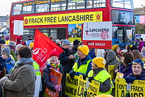 Protesters campaigning against fracking by Cuadrilla, as Cuadrilla appeals the local council decision not to allow fracking. Lancashire, England, UK, February 2016.
