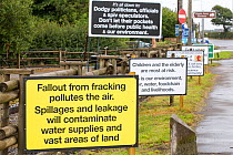 Protest banner against fracking at a farm site at Little Plumpton near Blackpool, Lancashire, UK, where the council for the first time in the UK, has granted planning permission for commercial frackin...