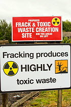 Protest banner against fracking at a farm site at Little Plumpton near Blackpool, Lancashire, UK, where the council for the first time in the UK, has granted planning permission for commercial frackin...