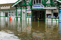 Ambleside Pier surrounded by flood water after Lake Windermere burst its banks in Ambleside in the Lake District on Sunday 6th December 2015, after torrential rain from storm Desmond. England, UK, Dec...
