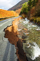 The A591, the main road through the Lake District, completely destroyed by the floods from Storm Desmond, Cumbria, UK. Taken on Sunday 6th December 2015. England, UK, December 2015.