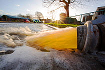 Pumping out floodwater from the Civic Centre in Carlisle, Cumbria on Tuesday 8th December 2015, after torrential rain from storm Desmond. England, UK, December 2015.