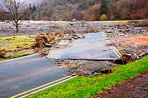 Road in Glenridding away by floods after Storm Desmond, Cumbria, England, UK, December 2015.