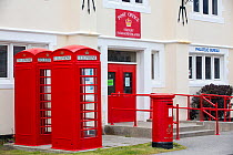 The Post Office with traditional red telephone boxes and postbox on Port Stanley the capital of the Falkland Islands. February 2014.