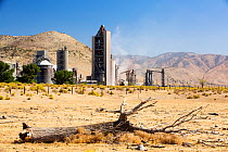 Cement works at Tehachapi Pass California, USA, September 2014. During drought drought killed trees in the foreground. Cement production is one of the most carbon hungry industries on the planet, driv...