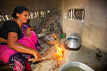Woman cooking on a traditional clay oven, fuelled by biofuel (rice stalks) Sunderbans, Ganges Delta, Eastern India. December 2013.