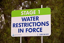 Signs near Echuca, Australia, about water restrictions and saving water. Victoria and New South Wales were affected by a drought which lasted from 1996-2011. Victoria, Australia, February 2010.