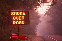 Smoke warning sign by road, at dawn near Orbost, New South Wales, Australia. March 2010.