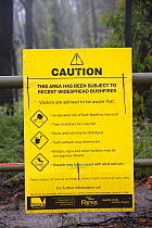 Warning Sign in burnt forest near  Kinglake, one of the communities worst affected by the catastrophic 2009 Australian Bush Fires in the state of Victoria in which 173 people were killed. Victoria, Au...