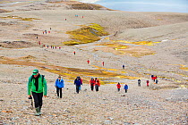 Passengers on an expedition cruise to Antarctica following part of Shakleton's famous walk across South Georgia. The group are walking from Fortuna Bay to Stromness. South Georgia, Antarctica. Februar...