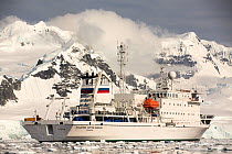 Akademik Sergey Vavilov, an ice strengthened ship on an expedition cruise to Antarctica, in the Gerlache Strait, Antarctic Peninsula.