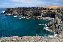 Overview of the Black Cove / Caleta Negra surrounded by heavily eroded volcanic rock cliffs, Natural Monument of Ajuy (Peurto de la Pena), Fuerteventura west coast, Canary Islands, May.