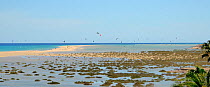 Sotavento lagoon and kite surfers, near Jandia, Fuerteventura, Canary Isalnds, May.
