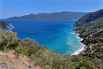 Overview of the coast of Arcadia just north of Leonidio, Peloponnese, Greece, August 2017.