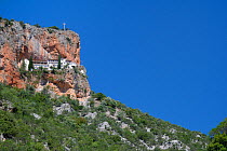 Monastery of Panagia Elona / Panagias Elonis, built on a high cliff ledge on Mount Parnon, Kosmas, near Leonidio, Arcadia, Peloponnese, Greece, July 2017.