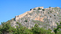 Palamidi Castle, a Venetian fortress high on a hill overlooking Nafplio and the Argolic Gulf, Argolis, Peloponnese, Greece, July 2017.