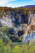 View of waterfalls at the end of the lower lake, Plitvice Lakes National Park, UNESCO World Heritage Site, Central Croatia. Croatia