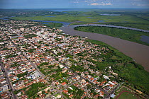 Aerial view of Corumba, at end of the dry season, with the Rio Paraguay or Paraguay river, Brazil. November 2017. Photographed for The Freshwater Project