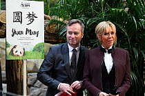 Jean-Baptiste Lemoyne, French Junior Minister for Foreign Affairs and Brigitte Macron, wife of the French president in front of the panel with the name of the panda cub at naming ceremony of the 4-mon...
