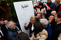 Brigitte Macron, wife of the French president, dedicating a panel at the closure of the naming ceremony of the 4-month-old panda cub Yuan Meng at Beauval Zoo. St-Aignan, France,  December 4, 2017.  EDITORIAL PRINT USE ONLY - NO ONLINE USE ALLOWED.