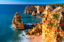 Sea stacks and natural arches at Praia da Marinha, Algarve, Portugal, Atlantic Ocean, January 2017.