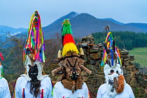 Men in traditional Zamarrones costume, Antruido Carnival, Piasca, Liebana Valley, Cantabria, Spain. February 2017.