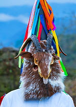 Man in traditional Zamarrones costume, Antruido Carnival, Piasca, Liebana Valley, Cantabria, Spain. February 2017.