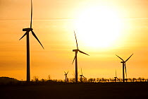 A wind farm on the west coast of Cumbria near Workington at sunset. January 2012