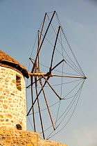Old traditional Greek cloth sailed windmills in Kontias on Lemnos, Greece. October 2012