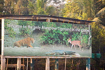 Wildlife sign for tiger mangrove reserve in the Sundarbans, Ganges, Delta, India. This area is very low lying and vulnerable to sea level rise. December 2013