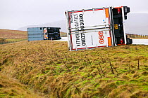 Lorries which have toppled over on the M6 motorway over after a severe storm hit Cumbria with over 100 mph winds, Cumbria, England, UK. January 2005