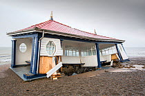 Victorian promenade shelter destroyed by severe storm, Aberystwyth, Wales, UK. January 2014