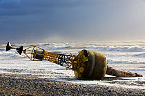 Storm Gertrude, with winds of up to 132 mph resulted in this Trinity House 'Cardinal Mark' ripped off its steel anchor chain and washed up on Walney Island. England, UK. January 2016