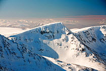 Looking towards Cairn Toul across the Lairig Ghru from Ben Macdui on the Cairngorm plateau, Scotland, UK. February 2011