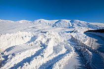 The Kentmere fells from Kirkstone Pass which has been completely blocked by arctic winter conditions, Lake District, UK. January 2010