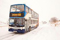 Bus on the Dunmail Raise in a blizzard, Lake District, England, UK. December 2010
